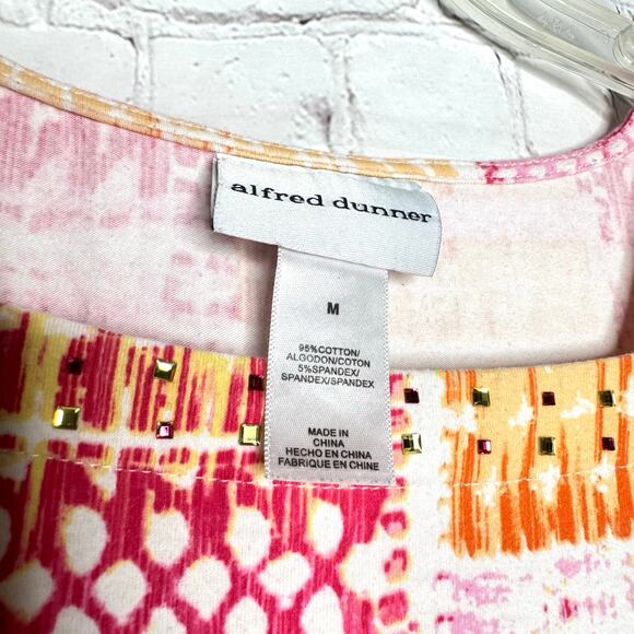 Alfred Dunner Wms Med Pink Orange Rectangle Print Square Neck Embellished Top - Picture 6 of 9